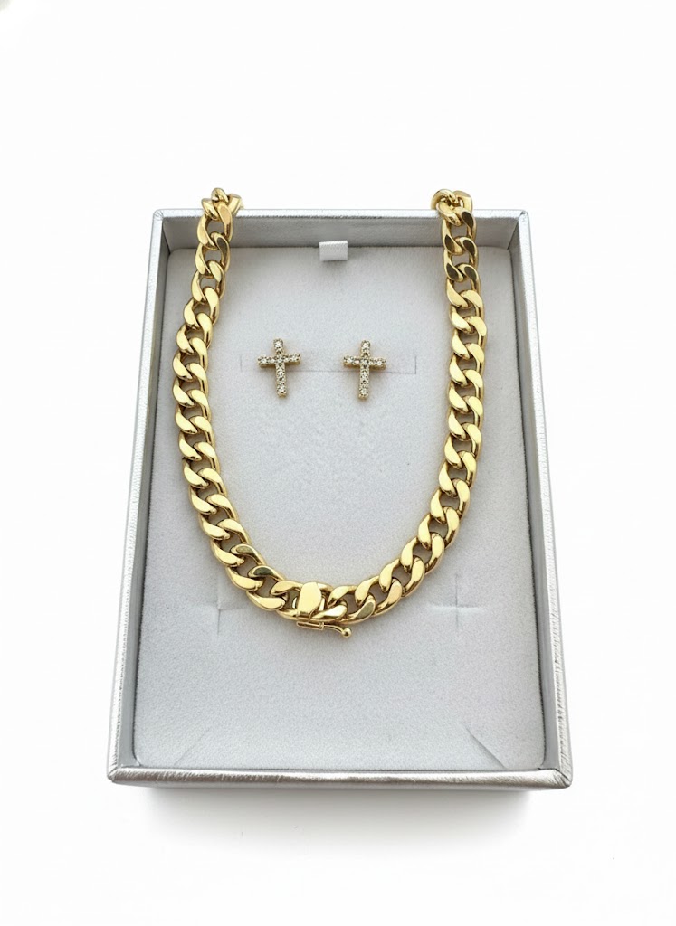 Elite Gold Link Chain & Cross Earring Set